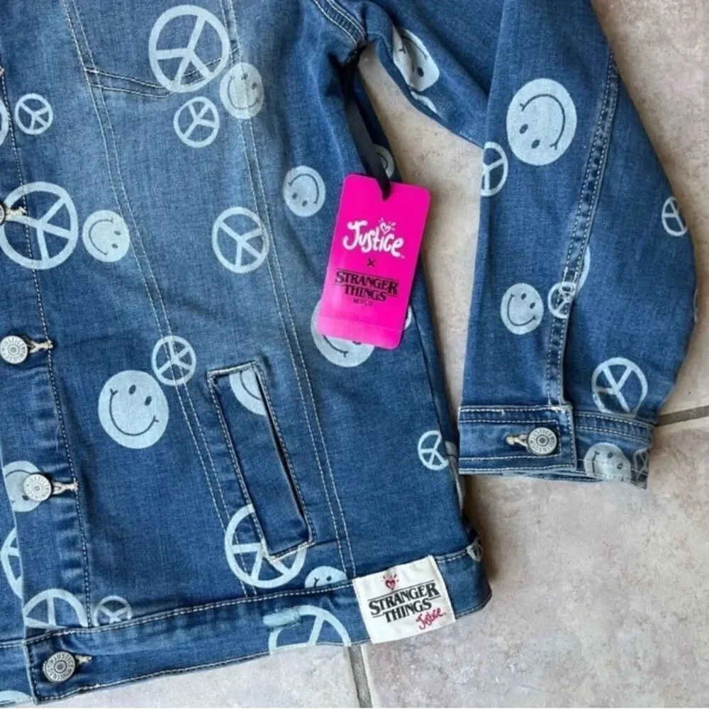 Justice Stranger Things Limited Discharged Denim Jacket Peace Smiley Face Sz XL